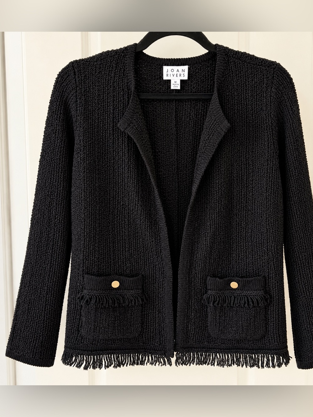 Joan Rivers Black Knit Cardigan Medium Fringe Gold button pockets
